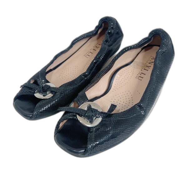Anyi Lu Harmony Peep Toe Ballet Flat Black Snakeskin Leather Size 36.5 EU 6.5 US - Picture 2 of 7